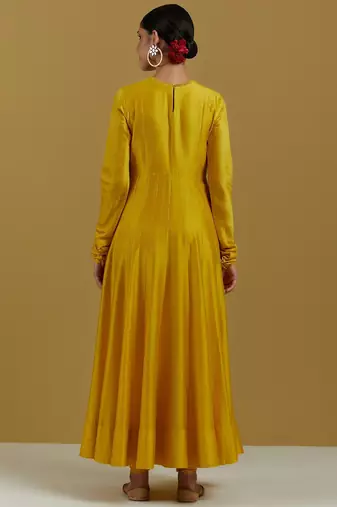 Mustard yellow chanderi silk zari, sequins and beads work anarkali salwar kameez