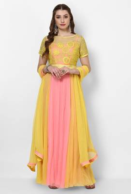 Pink & yellow georgette thread work anarkali salwar kameez 1