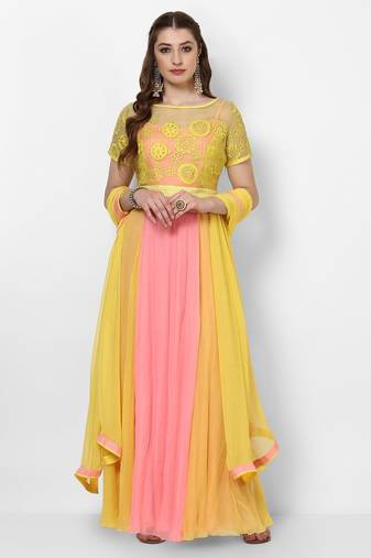 Pink & yellow georgette thread work anarkali salwar kameez