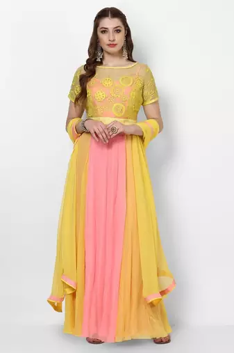 Pink & yellow georgette thread work anarkali salwar kameez