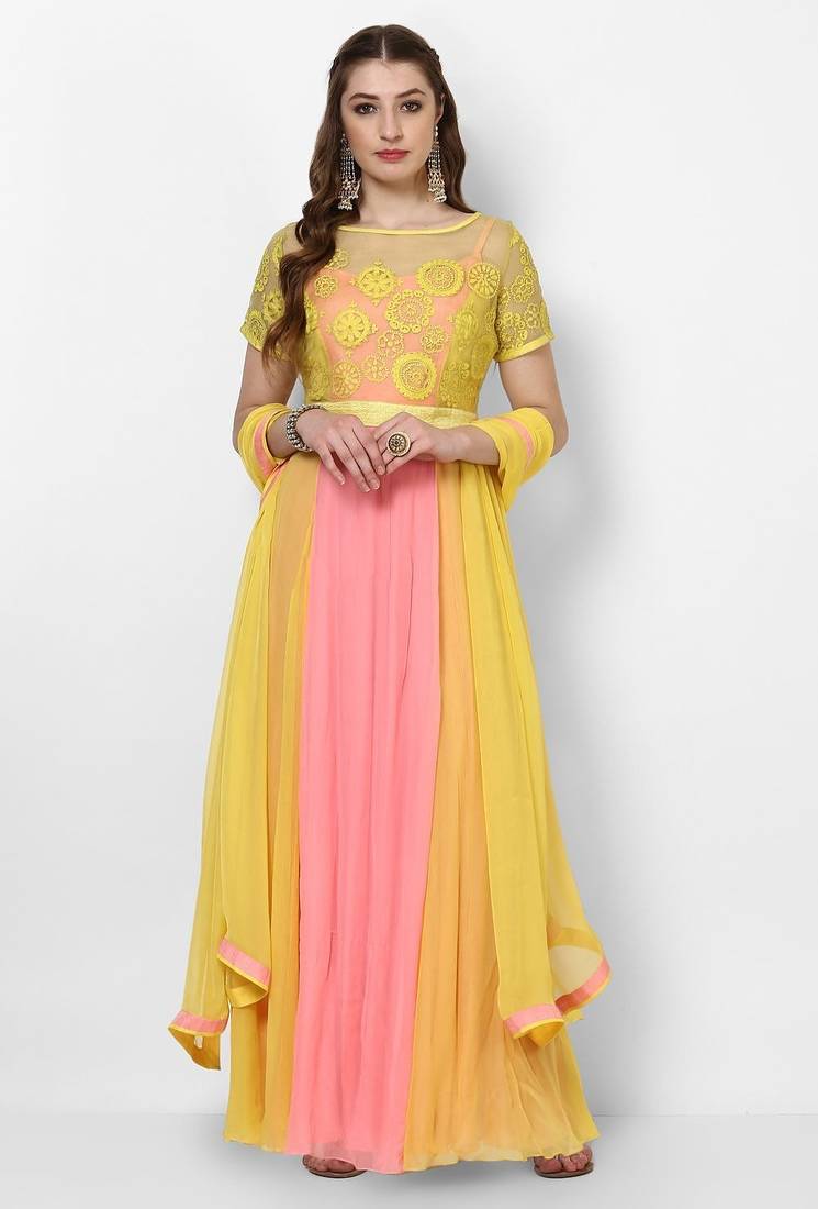 Pink & yellow georgette thread work anarkali salwar kameez