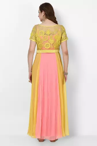 Pink & yellow georgette thread work anarkali salwar kameez