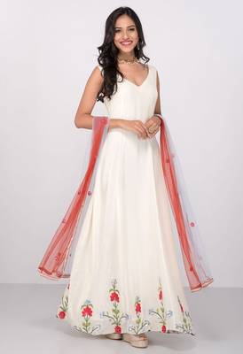 White crape silk thread work anarkali salwar kameez 1