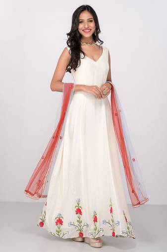 White crape silk thread work anarkali salwar kameez