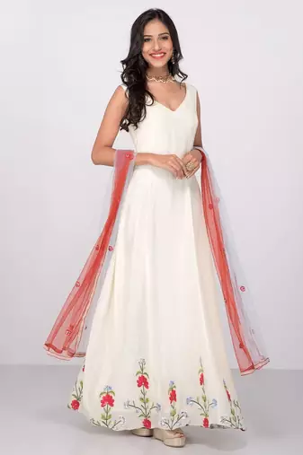 White crape silk thread work anarkali salwar kameez