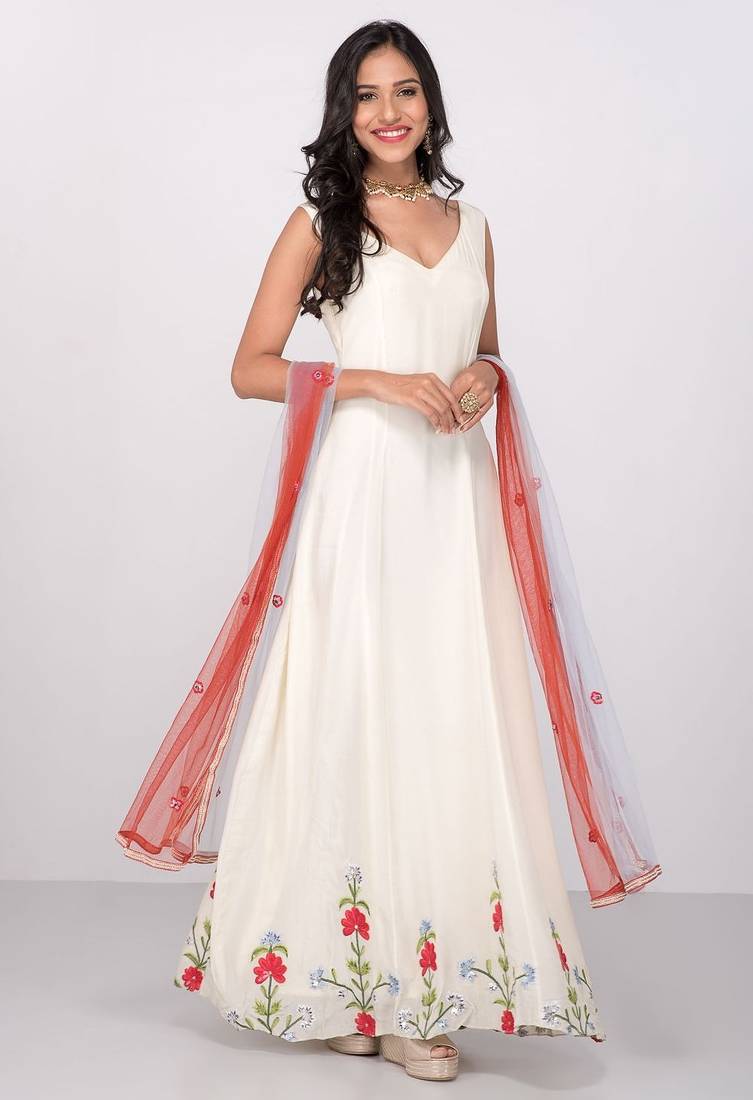 White crape silk thread work anarkali salwar kameez