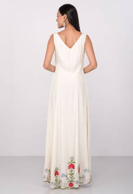 White crape silk thread work anarkali salwar kameez 2