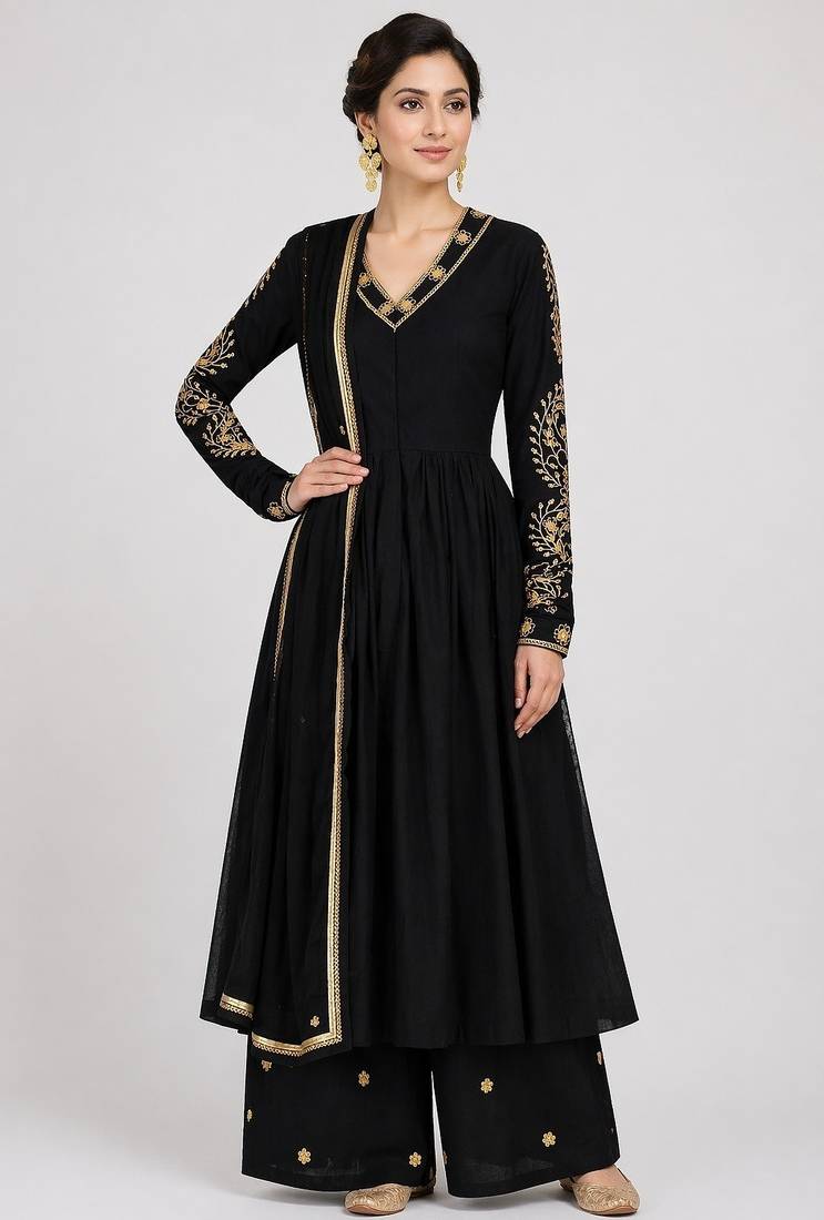 Black silk zari & sequins work anarkali salwar kameez