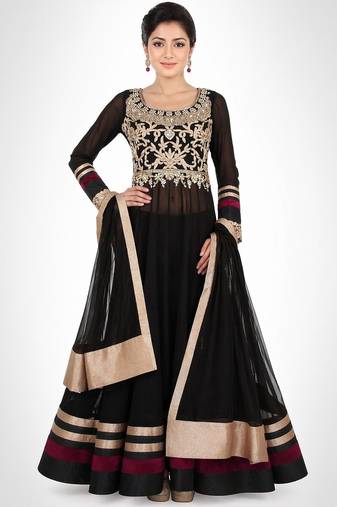 Black net zari, sequins and beads work anarkali salwar kameez