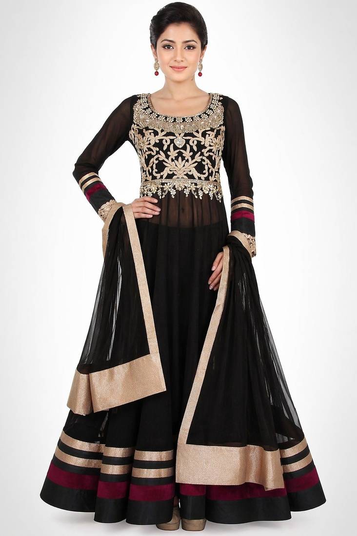 Black net zari, sequins and beads work anarkali salwar kameez