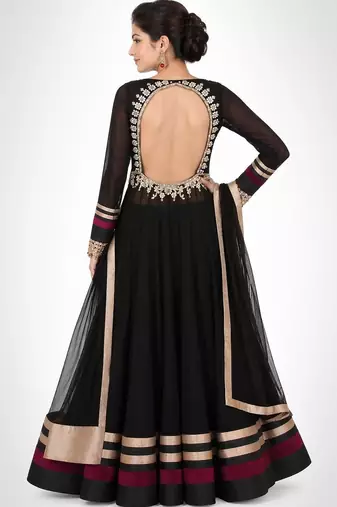 Black net zari, sequins and beads work anarkali salwar kameez