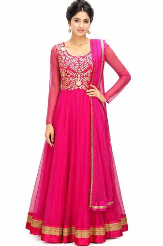 Pink net zari and lace border anarkali salwar kameez