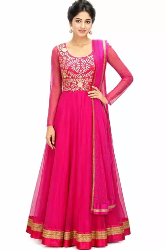 Pink net zari and lace border anarkali salwar kameez