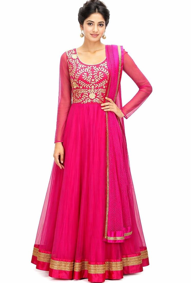 Pink net zari and lace border anarkali salwar kameez
