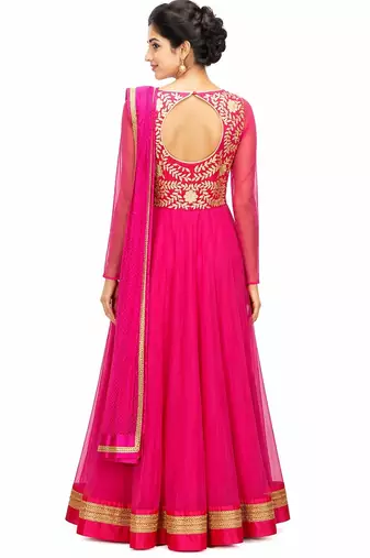 Pink net zari and lace border anarkali salwar kameez