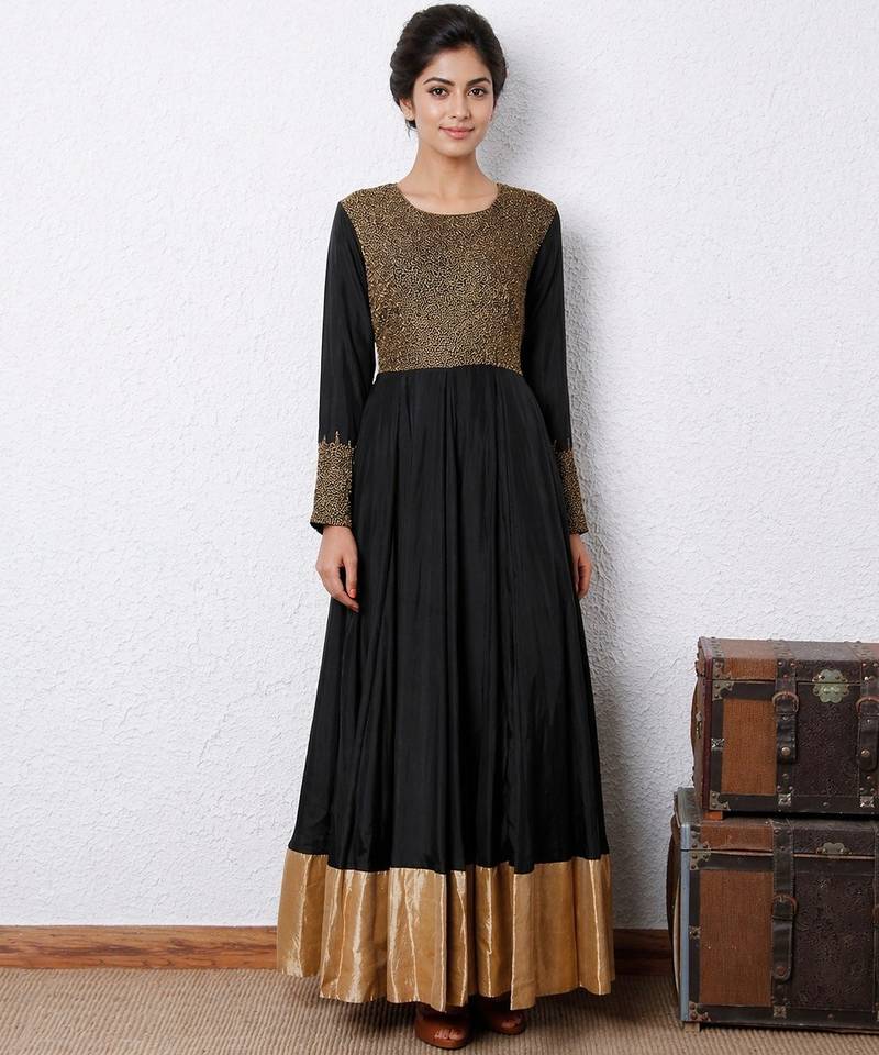 Black silk beads work anarkali salwar kameez