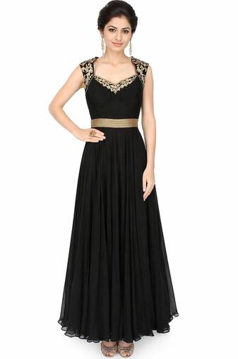 Black georgette zari, beads and sequins work anarkali salwar kameez