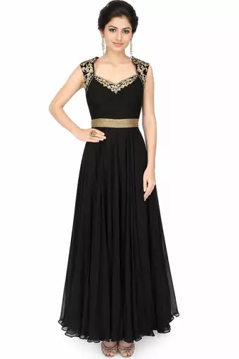Black georgette zari, beads and sequins work anarkali salwar kameez