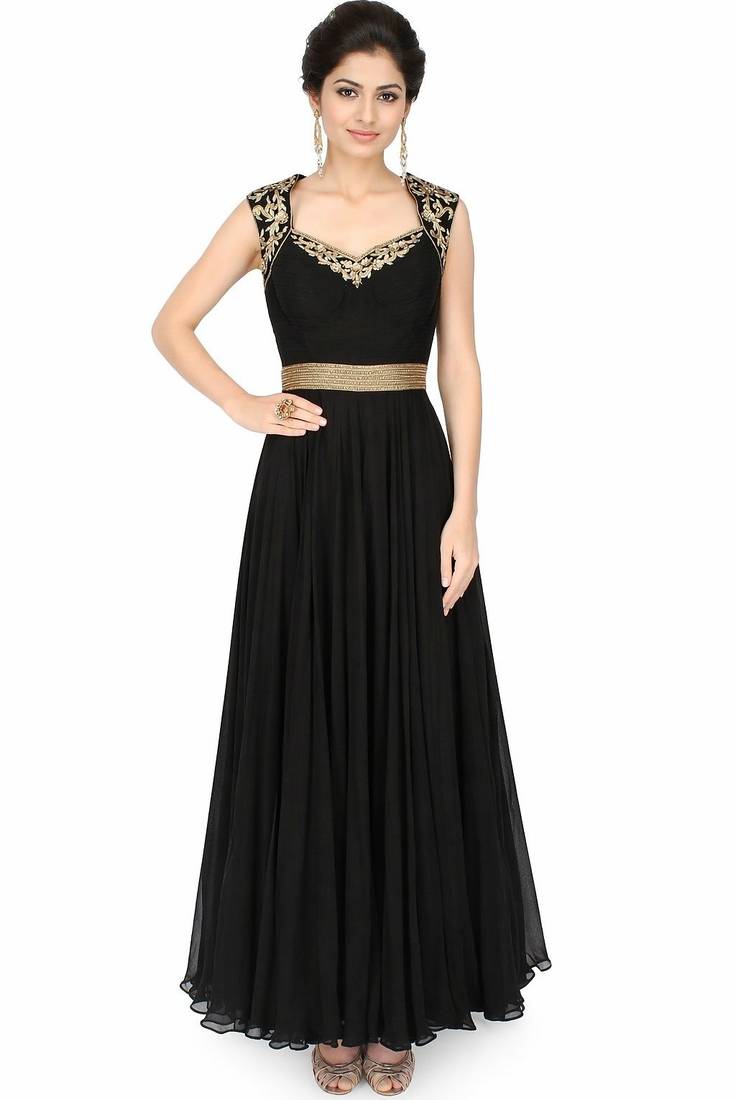 Black georgette zari, beads and sequins work anarkali salwar kameez