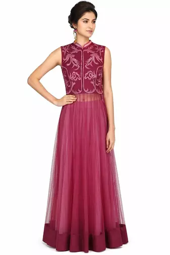 Onion pink net thread work anarkali salwar kameez