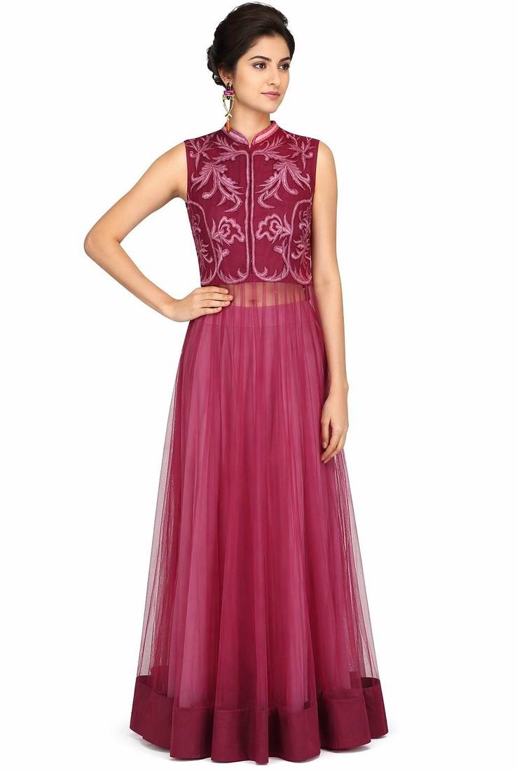 Onion pink net thread work anarkali salwar kameez