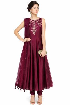 Wine silk zari and sequins work anarkali salwar kameez 1