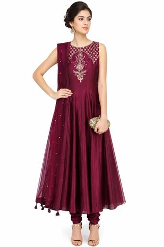 Wine silk zari and sequins work anarkali salwar kameez