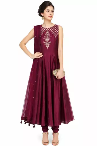 Wine silk zari and sequins work anarkali salwar kameez