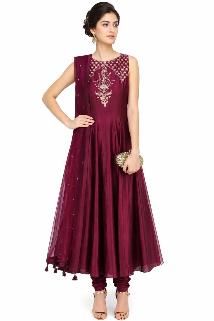 Wine silk zari and sequins work anarkali salwar kameez
