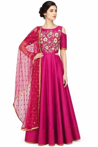 Magenta pink silk zari and sequins work anarkali salwar kameez