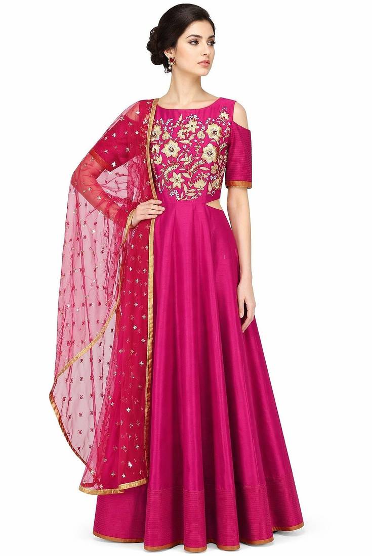 Magenta pink silk zari and sequins work anarkali salwar kameez