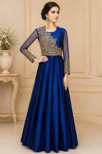 Blue silk thread work anarkali salwar kameez