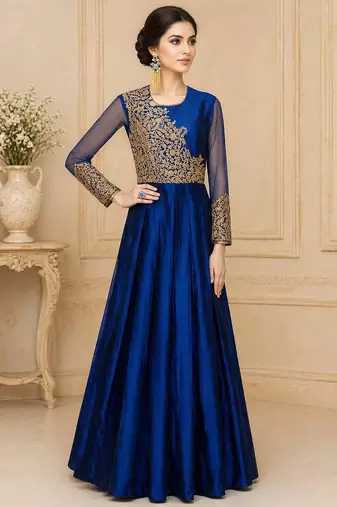 Blue silk thread work anarkali salwar kameez