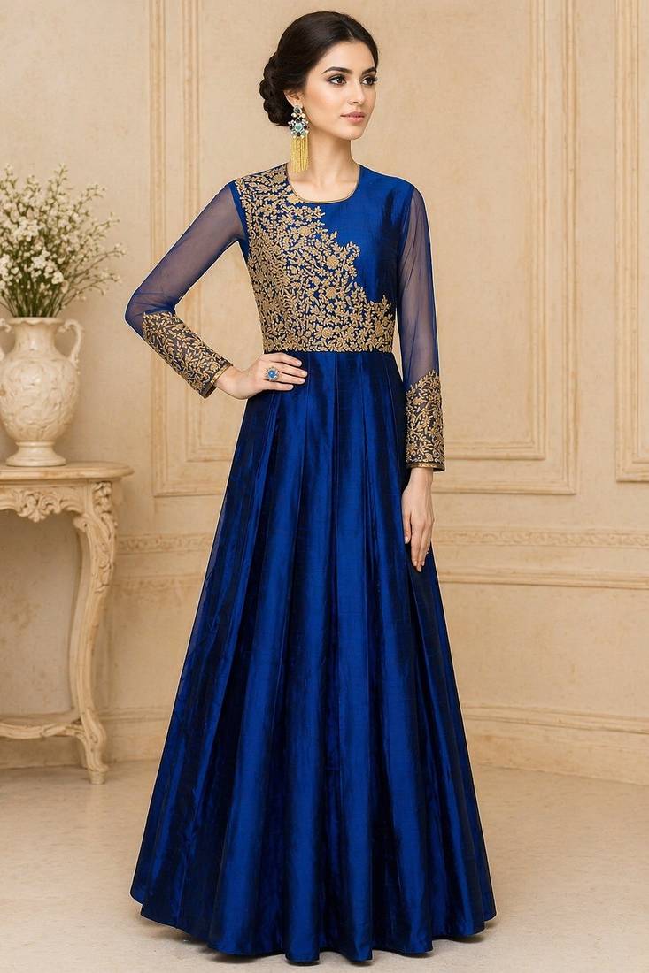 Blue silk thread work anarkali salwar kameez