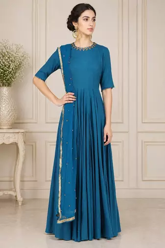 Turquoise blue georgette beads work anarkali salwar kameez