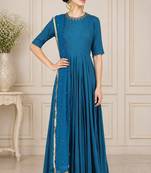 Turquoise blue georgette beads work anarkali salwar kameez
