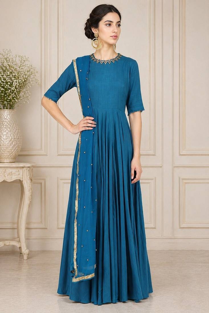 Turquoise blue georgette beads work anarkali salwar kameez