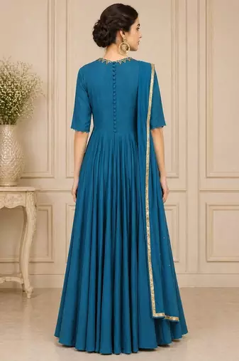 Turquoise blue georgette beads work anarkali salwar kameez