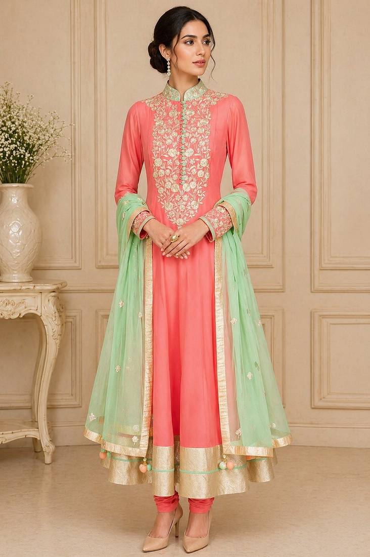 Pink georgette zari work anarkali salwar kameez