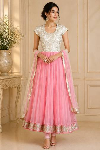 Pink & white net zari and beads work anarkali salwar kameez