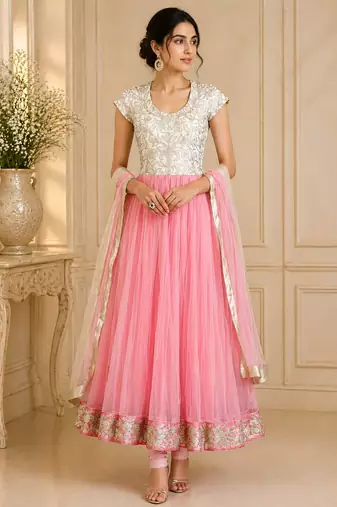 Pink & white net zari and beads work anarkali salwar kameez