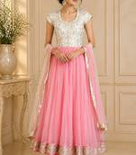 Pink & white net zari and beads work anarkali salwar kameez