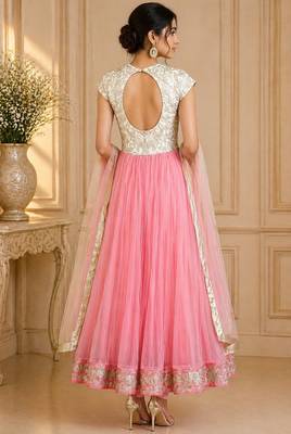 Pink & white net zari and beads work anarkali salwar kameez 2