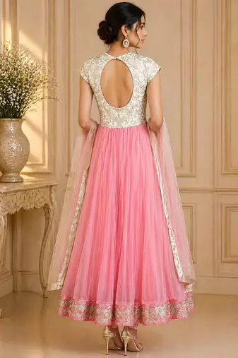 Pink & white net zari and beads work anarkali salwar kameez
