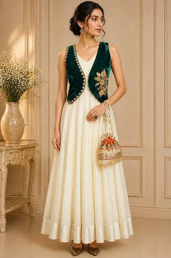 White georgette thread work anarkali salwar kameez