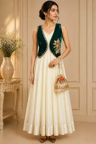White georgette thread work anarkali salwar kameez