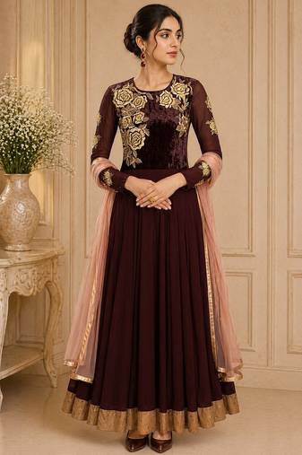 Brown georgette zari work anarkali salwar kameez