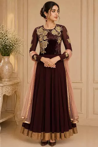 Brown georgette zari work anarkali salwar kameez