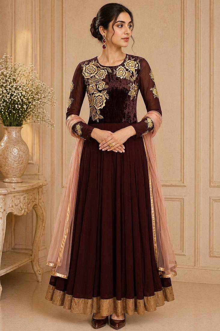 Brown georgette zari work anarkali salwar kameez