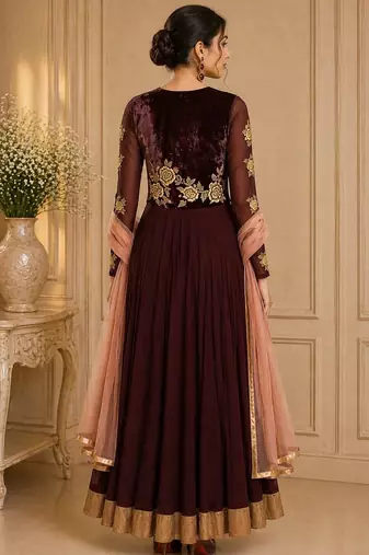 Brown georgette zari work anarkali salwar kameez